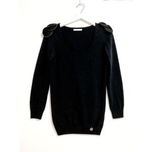 See by Chloe black sweater, tunic length woo/cashmerel blend sweater with flower